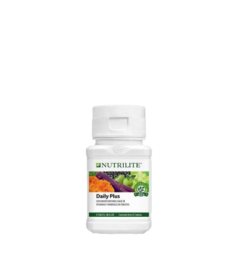 Daily Plus 45 Tabletas Amway — Suplemento vitaminas y minerales — Dr. Yordan Núñez Cruz Uruguay — Detalle del producto sobre fondo transparente